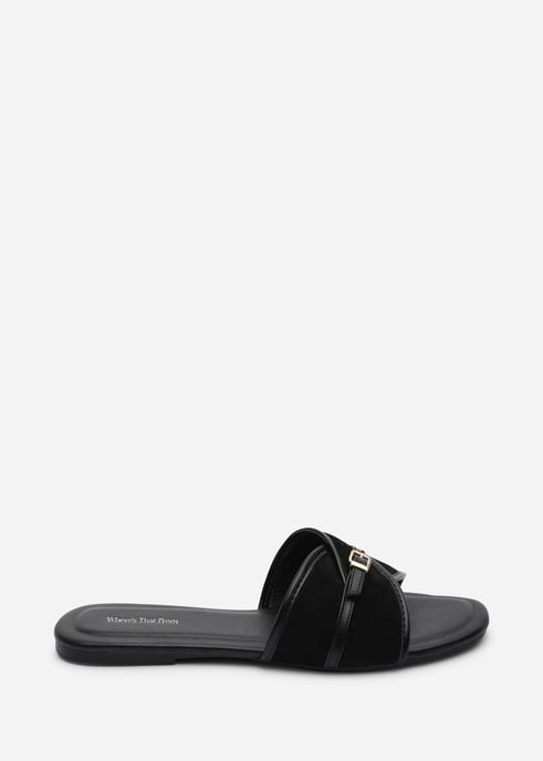 Where's That From Iridia Double Buckle Black Suede Low Wedge Sandal - Image 2
