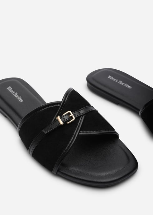 Where's That From Iridia Double Buckle Black Suede Low Wedge Sandal - Image 5