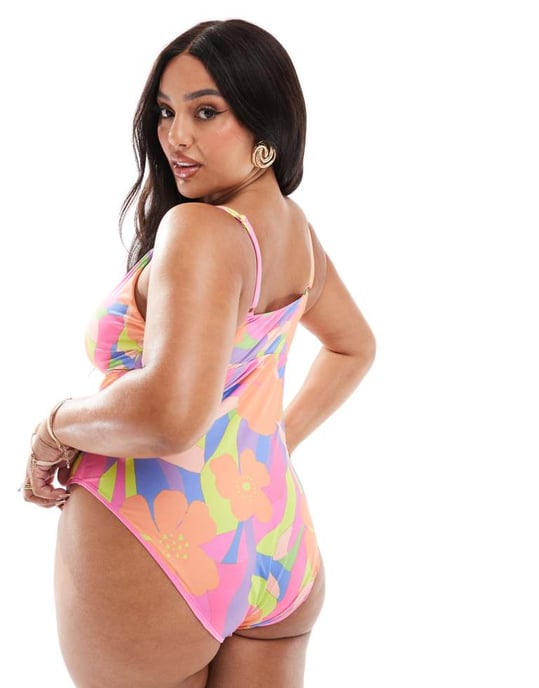 ASOS DESIGN Curve snörad baddräkt i abstrakt blommönster - Image 3