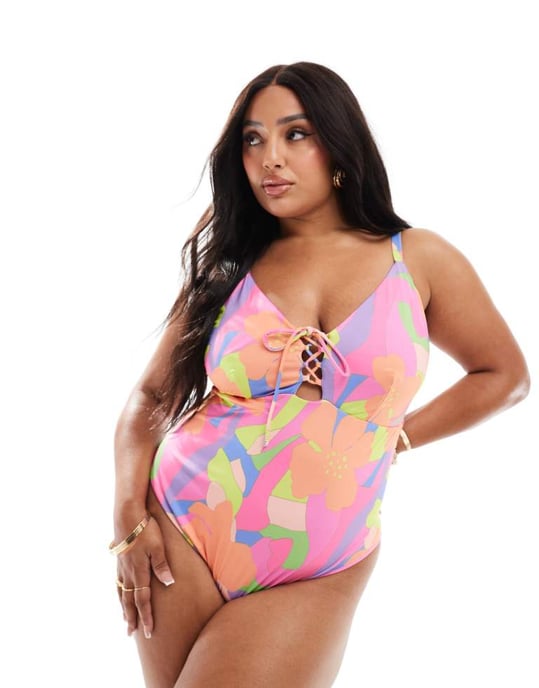 ASOS DESIGN Curve snörad baddräkt i abstrakt blommönster - Image 4