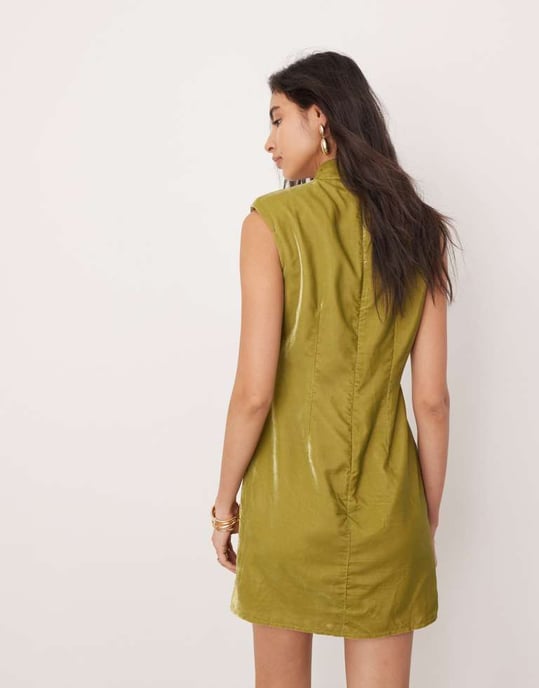 ASOS EDITION sammet dekorerad konturerad draperad frans höghalstrad minikjol i olivgrön - Image 4
