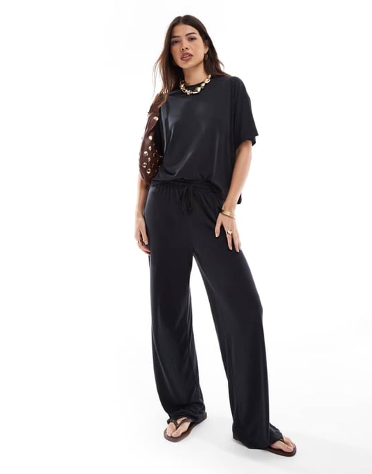 Pieces slinky super soft boxy t-shirt co-ord in black - Image 2