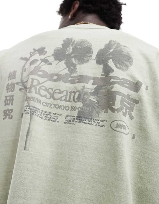 ASOS DESIGN oversized t-shirt i tvättad grön tyg med blommigt tryck på ryggen - Image 2