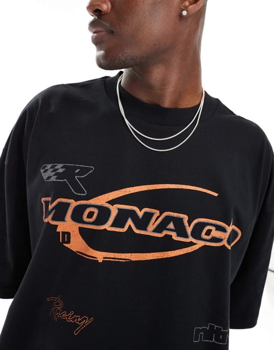 ASOS DESIGN extremt oversized t-shirt i svart med Monaco-brösttryck - Image 3