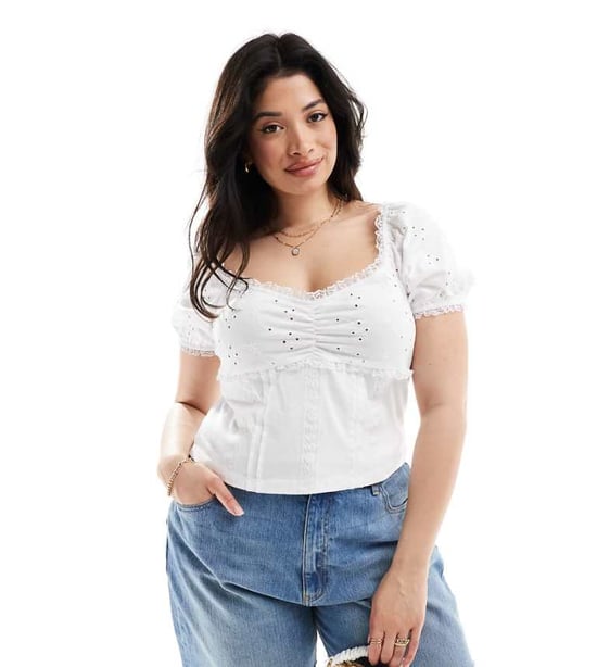 ASOS DESIGN Curve puffärms broderad mjölkerska topp i vitt - Image 1