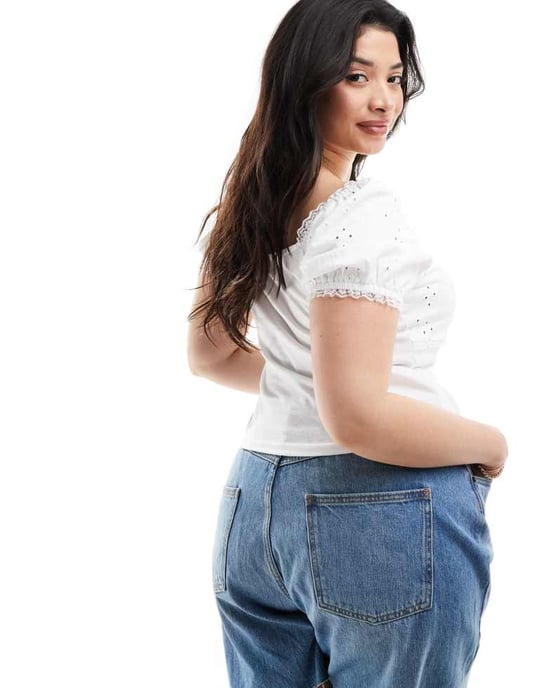 ASOS DESIGN Curve puffärms broderad mjölkerska topp i vitt - Image 3