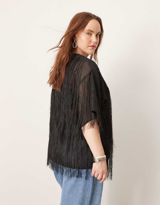 ASOS EDITION Curve woven fringe detail boxy top in black - Image 2