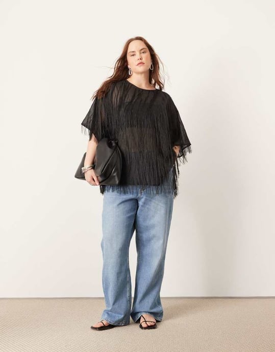 ASOS EDITION Curve woven fringe detail boxy top in black - Image 3