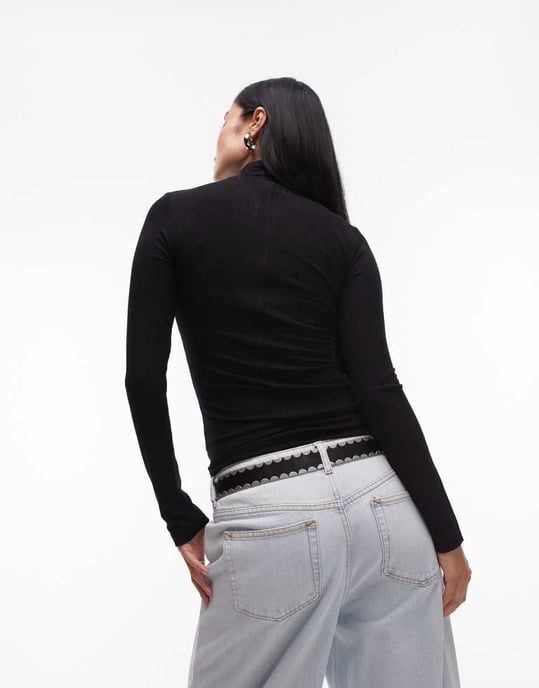 Topshop premium rib long sleeve funnel neck top in black - Image 3