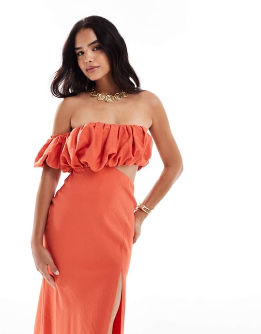 ASOS DESIGN ruched bodice en axel midi klänning med slits i röd - Image 2