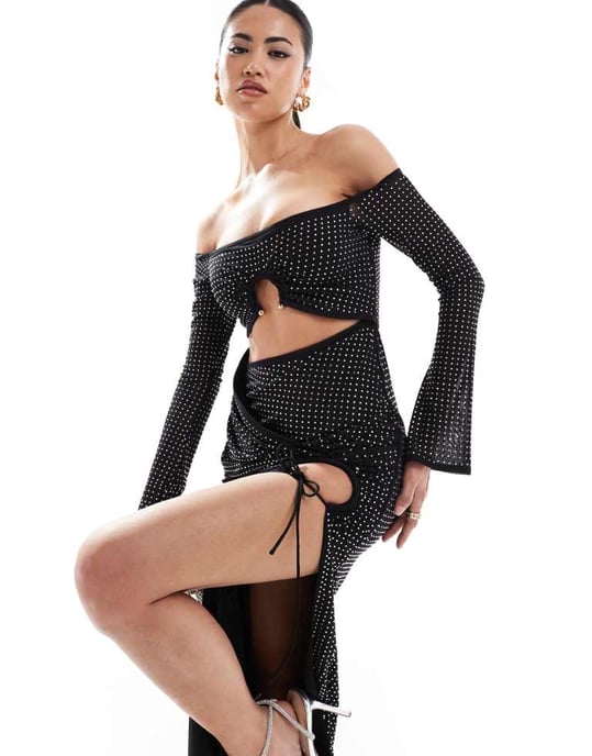 ASOS DESIGN långärmad hotfix bardot trim detalj maxiklänning i svart - Image 2