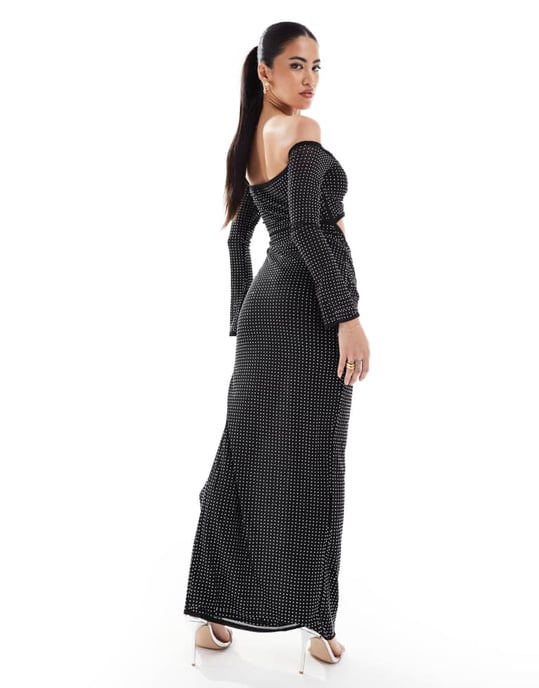 ASOS DESIGN långärmad hotfix bardot trim detalj maxiklänning i svart - Image 4