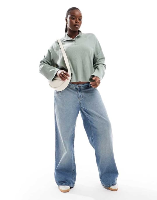 ASOS DESIGN Curve kort boxy långärmad henley i våffel SAGE - Image 4