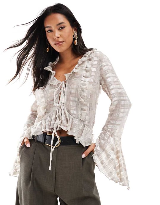 ASOS DESIGN self stripe ruffle tie front blouse in mink - Image 1