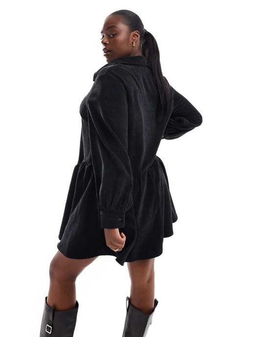 ASOS DESIGN Curve kord smock mini klänning med peplum nederkant i svart - Image 2