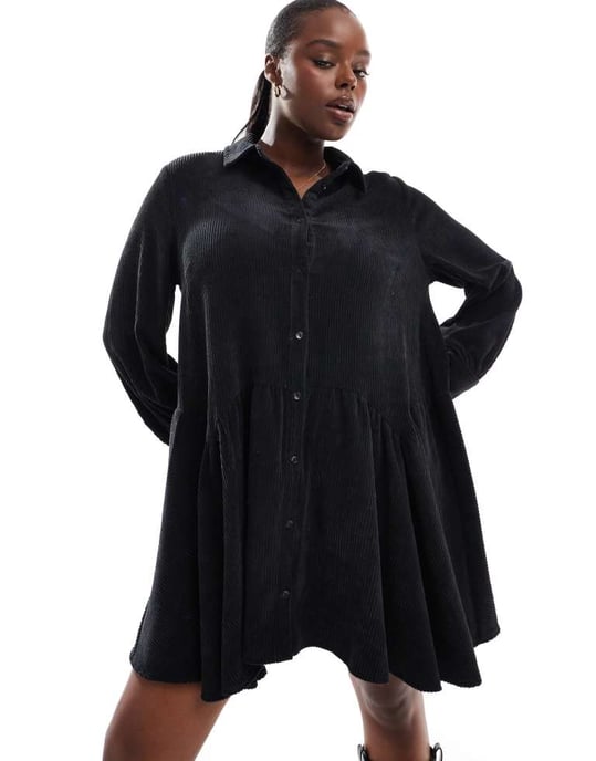 ASOS DESIGN Curve kord smock mini klänning med peplum nederkant i svart - Image 3
