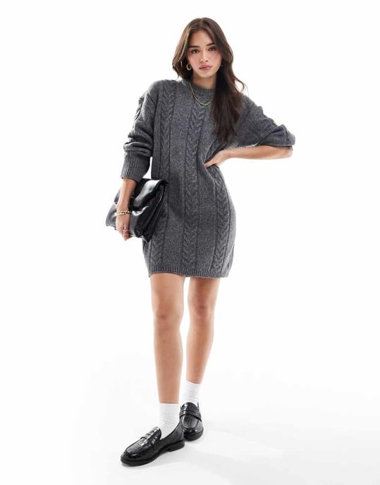 ASOS DESIGN kabelstickad miniklänning med rundad hals i kolgrå - Image 2