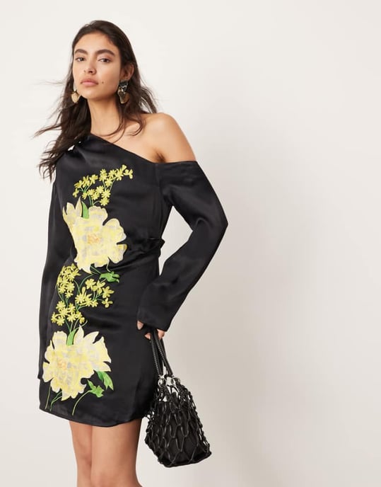 ASOS EDITION satinblommig broderad off-shoulder långärmad miniklänning i svart - Image 1