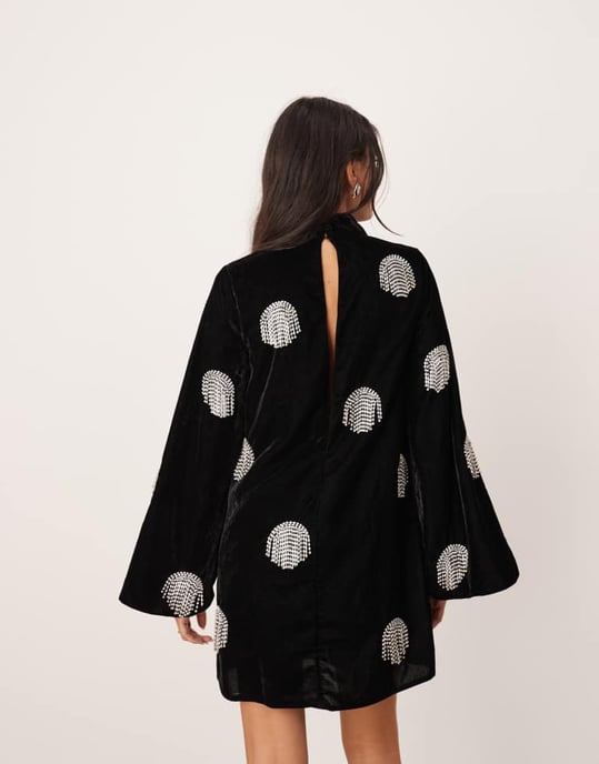 ASOS EDITION utsmyckad diamante frans högkrage sammet mini klänning i svart - Image 3
