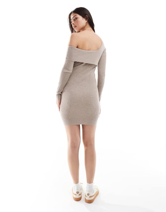 Miss Selfridge asymmetrisk gosig ribbad miniklänning i havre - Image 2
