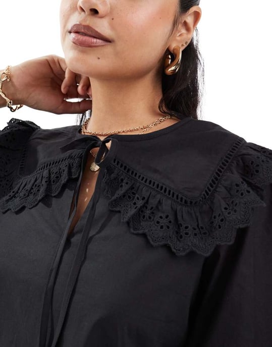 Miss Selfridge poplin broderad krage mini smockklänning i svart - Image 3