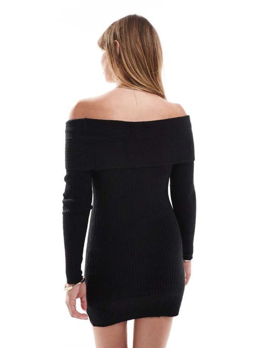 Miss Selfridge djup vikbar bardot ribbad miniklänning i svart - Image 3