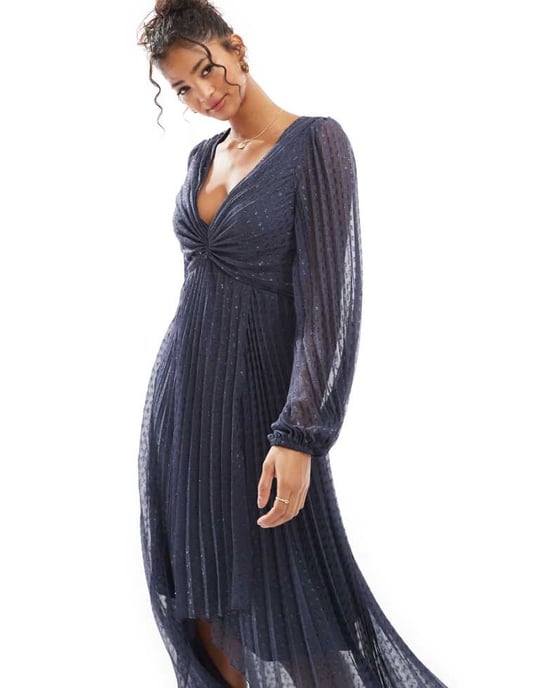 ASOS DESIGN metallisk dobby veckad wrap kjol midi klänning i tvättad marinblå - Image 1
