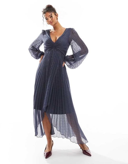 ASOS DESIGN metallisk dobby veckad wrap kjol midi klänning i tvättad marinblå - Image 4