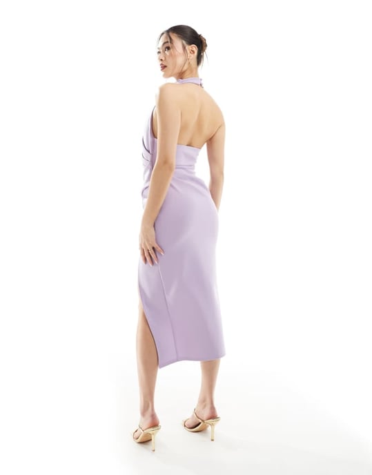 ASOS DESIGN high neck manipulated tuck midi pencil dress in lilac - Image 2