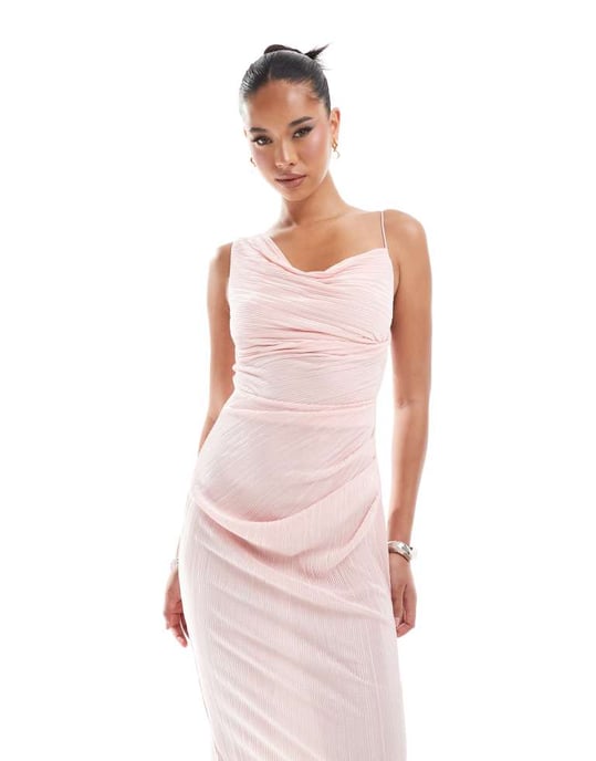 ASOS DESIGN plisserad asymmetrisk draperad cami midiklänning i ljusrosa - Image 3