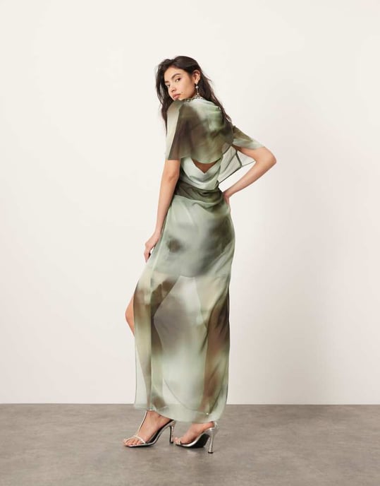 ASOS EDITION drape neck midi dress in green shadow print - Image 2