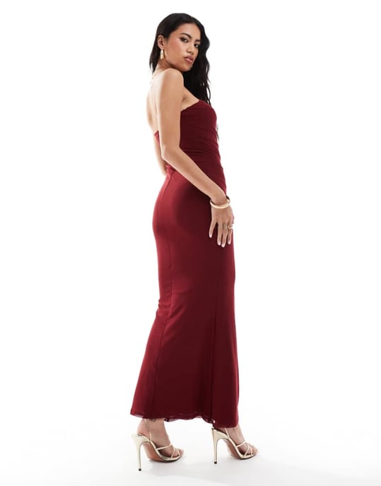 ASOS DESIGN nät bandeau klänning med draperad halsringning i vinröd - Image 1