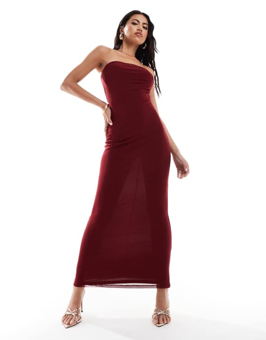 ASOS DESIGN nät bandeau klänning med draperad halsringning i vinröd - Image 2