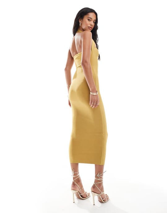 ASOS DESIGN bandage fyrkantig halsringning halterneck midi klänning i guld - Image 2