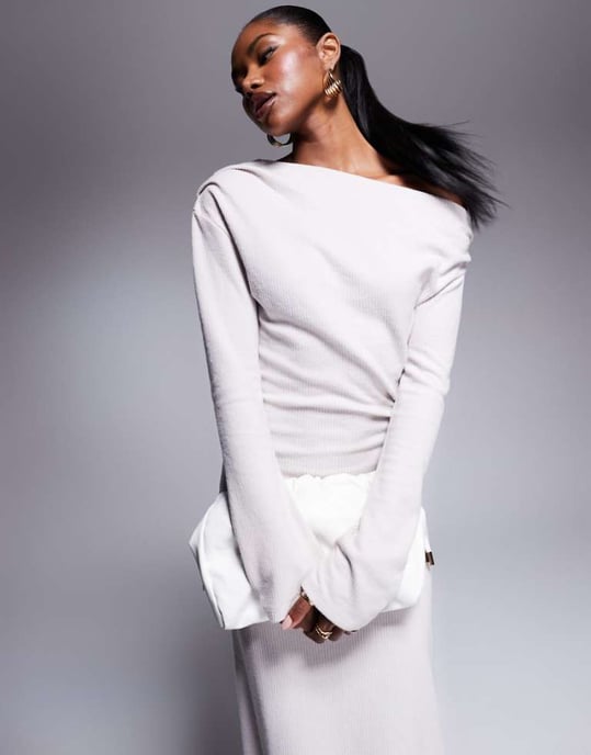 ASOS DESIGN ribbad midi-klänning med fallande axlar i off-white - Image 1