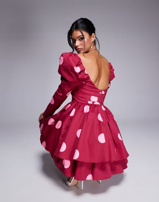 ASOS LUXE bomulls-satin strukturerad skater mini klänning med prickigt mönster - Image 3