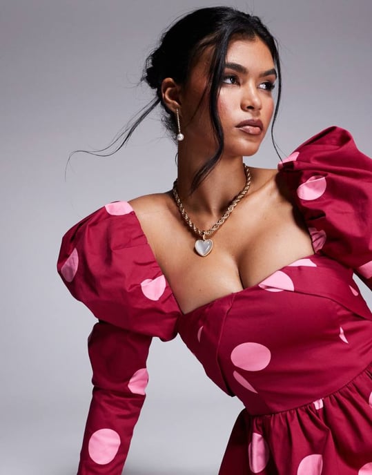 ASOS LUXE bomulls-satin strukturerad skater mini klänning med prickigt mönster - Image 4
