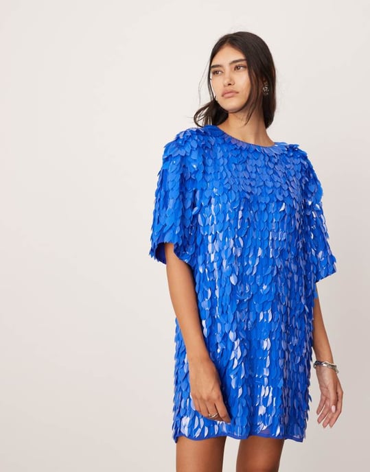 ASOS EDITION embellished 3D sequin t-shirt mini dress in blue - Image 2
