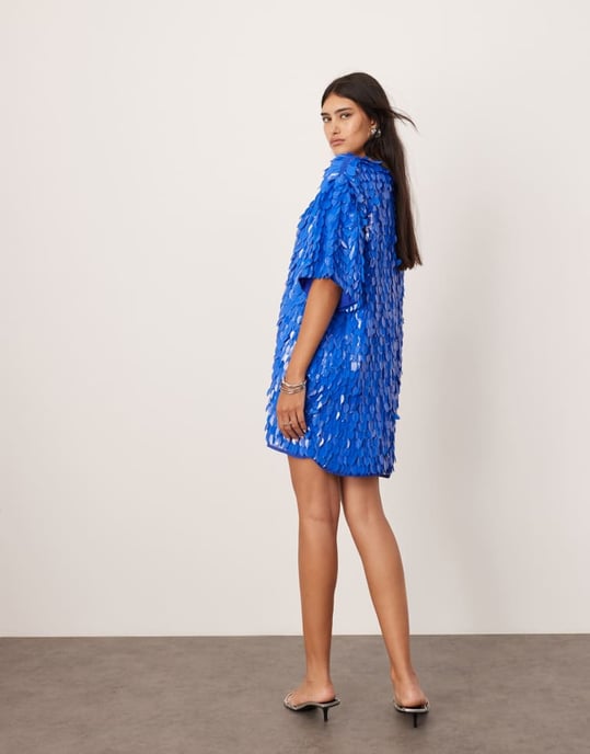 ASOS EDITION embellished 3D sequin t-shirt mini dress in blue - Image 4