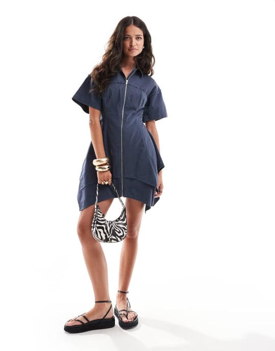 ASOS DESIGN lagerstruktur med handkerchiefsäng rå kant mini zip genom i petrolblå - Image 2