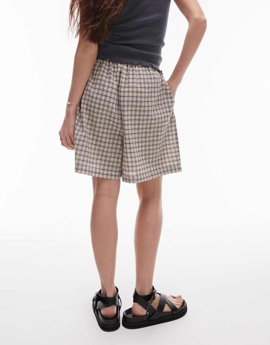 Topshop strandshorts i beigemönstrad rutigt - Image 2