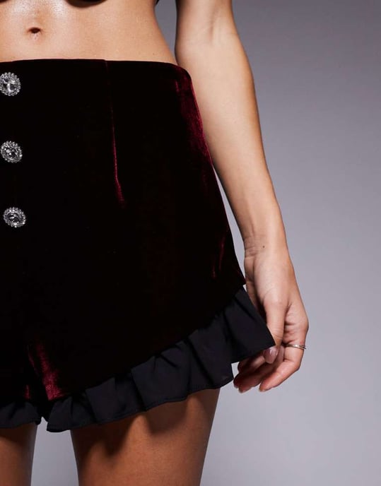 ASOS LUXE sammet co-ord mini shorts med prydnadsknapp i bordeaux - Image 3