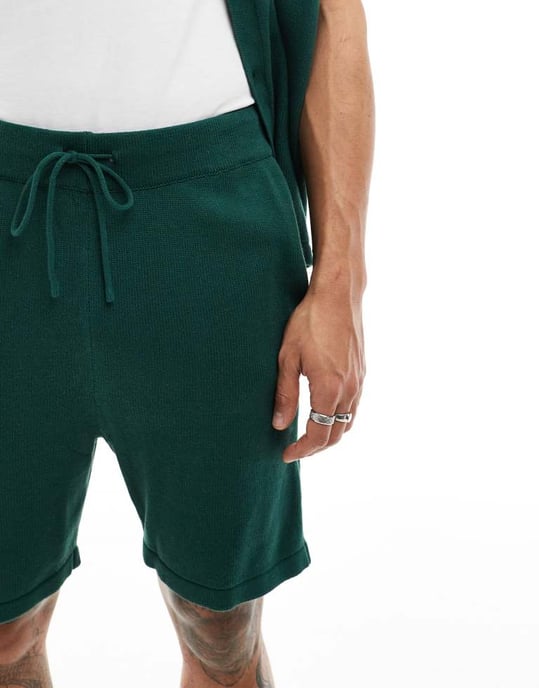 ASOS DESIGN mellanviktsstickade bomullsshorts set i grön - Image 2