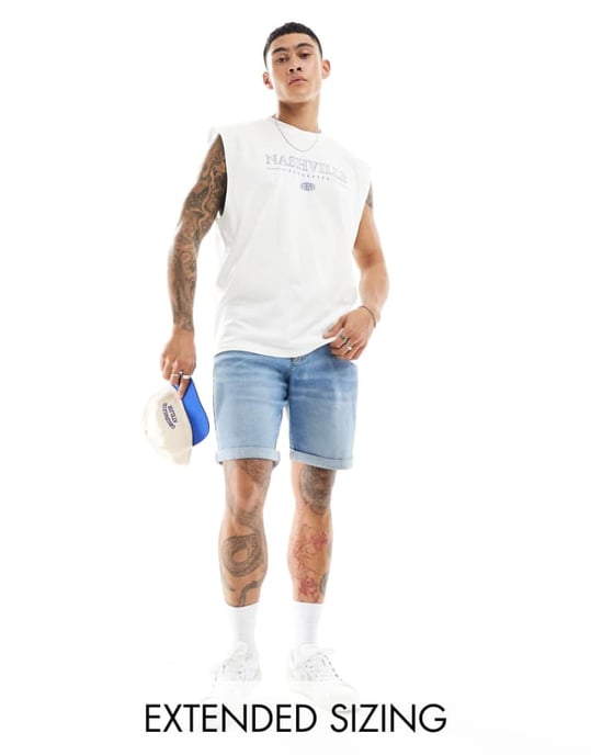 ASOS DESIGN stretch slim regular längd denim shorts i vintage ljus tvätt blå - Image 1