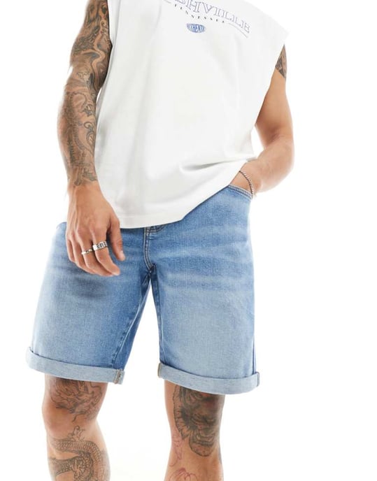 ASOS DESIGN stretch slim regular längd denim shorts i vintage ljus tvätt blå - Image 4