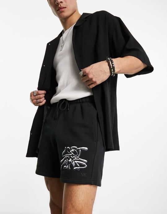 Coney Island Picnic co-ord jersey shorts i svart med förlorat sinne-mönster - Image 2