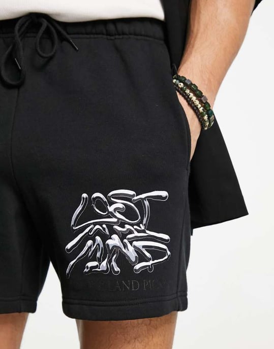 Coney Island Picnic co-ord jersey shorts i svart med förlorat sinne-mönster - Image 4