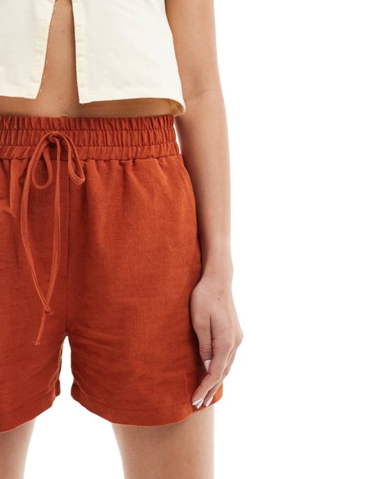 ASOS DESIGN byxa med knytliv och linne i terrakotta - Image 4
