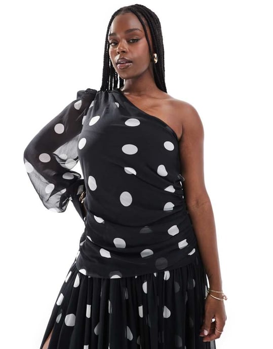ASOS DESIGN Curve enaxlad lång ballongärmad maxiklänning i monospottryck - Image 3