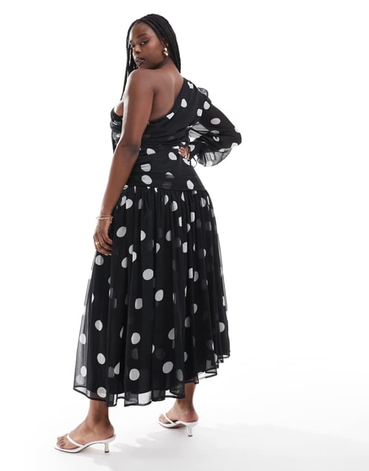 ASOS DESIGN Curve enaxlad lång ballongärmad maxiklänning i monospottryck - Image 4